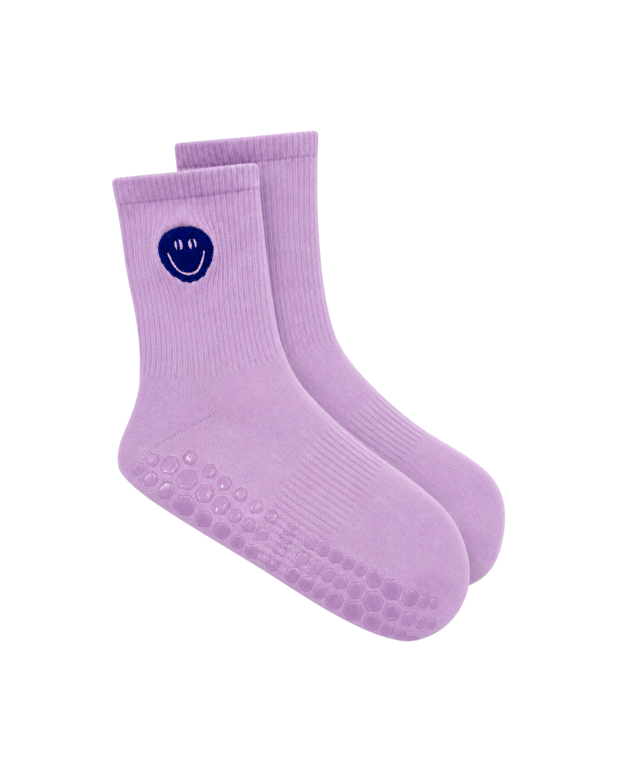 Groovy Coffee pilates grip socks in violet with navy smiley