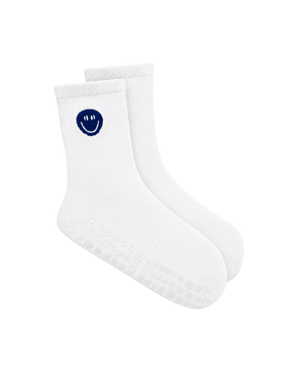 Groovy Coffee pilates grip socks in white with navy smiley
