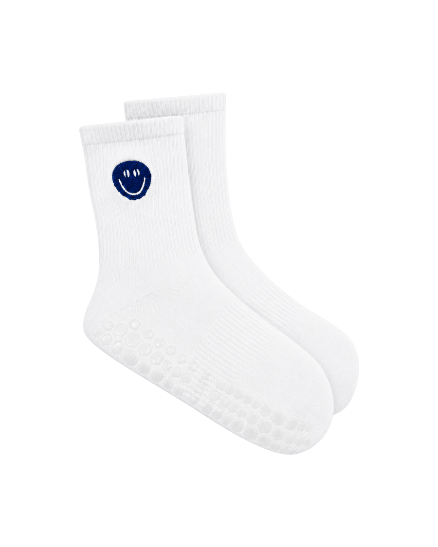 Groovy Coffee pilates grip socks in white with navy smiley